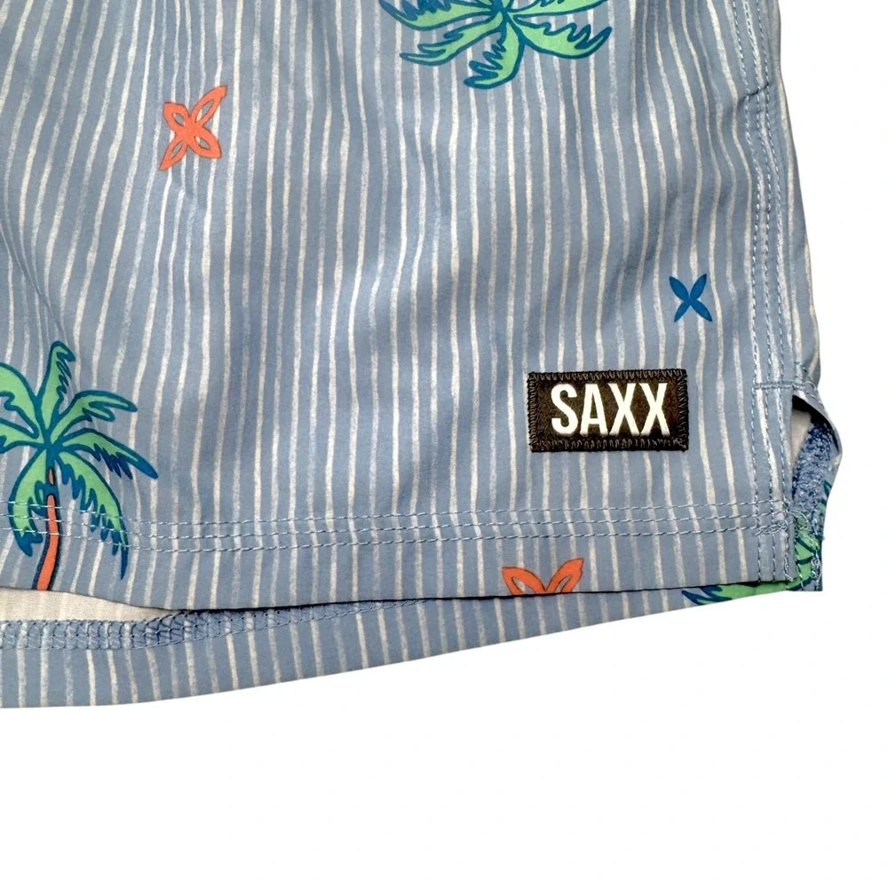 Saxx Swim Shorts Mens Large Blue Striped Oh Buoy 2N1 BallPark Pouch Palm Tree